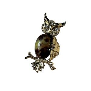 Vintage Gerrrys Gold Tone Cabochon Rhinestone Owl Bird Brooch‎ Pin